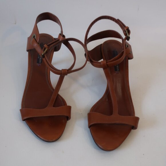 Women Ralph Lauren Collection Caramel Brown Leather Ankle T-Strap Heel Sandal 10 - Picture 1 of 15